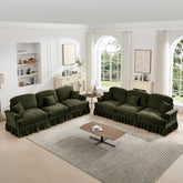Classic Sleeper Sofa Couch with Flared Arms and Removable Ruffles Pleats Skirts and Spindle Legs, Comfy Modular Sectional Chenille Deep Seat Cloud Sofa Couch with 3 Movable Ottomans,Green