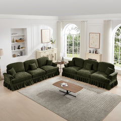 Classic Sleeper Sofa Couch with Flared Arms and Removable Ruffles Pleats Skirts and Spindle Legs, Comfy Modular Sectional Chenille Deep Seat Cloud Sofa Couch with 3 Movable Ottomans,Green