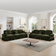 Classic Sleeper Sofa Couch with Flared Arms and Removable Ruffles Pleats Skirts and Spindle Legs, Comfy Modular Sectional Chenille Deep Seat Cloud Sofa Couch with 3 Movable Ottomans,Green