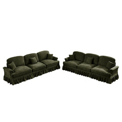 Classic Sleeper Sofa Couch with Flared Arms and Removable Ruffles Pleats Skirts and Spindle Legs, Comfy Modular Sectional Chenille Deep Seat Cloud Sofa Couch with 3 Movable Ottomans,Green