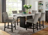 Genuine Marble Top Table w 6x High Chairs Light Gray Flannelette Upholstered Chair Counter Height Dining Room 7pc Set Furniture