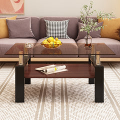 Rectangle Coffee Table, Tempered Glass Tabletop with MDF Layer, Modern Table for Living Room , Brown Glass