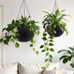 13.4 inch Self-Watering Hanging Rattan-Inspired Planter Large Capacity, Root-Rot Resistant Water Storage with Water Level Indicator, Dual-Use for Indoor & Balcony Decoration (Pack of 2, Black)