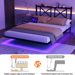 Full Size Floating Bed Frame with Headboard and Storage, Full Size Platform Bed Frame with USB Charging Station and LED Lights, Heavy Duty Steel Slats, Easy Assembly, Black