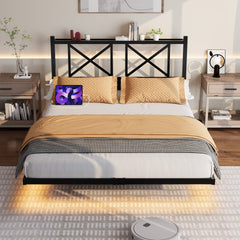 Full Size Floating Bed Frame with Headboard and Storage, Full Size Platform Bed Frame with USB Charging Station and LED Lights, Heavy Duty Steel Slats, Easy Assembly, Black