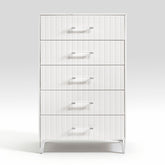 Glam White Chest of 5x Storage Drawers Faux Marble Laminated Top Chrome Metal Legs Bedroom Furniture 1pc