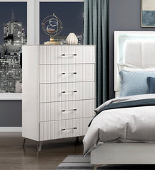 Glam White Chest of 5x Storage Drawers Faux Marble Laminated Top Chrome Metal Legs Bedroom Furniture 1pc