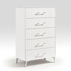 Glam White Chest of 5x Storage Drawers Faux Marble Laminated Top Chrome Metal Legs Bedroom Furniture 1pc
