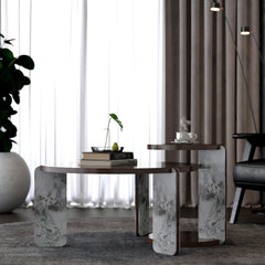 Modern Coffee Table with End Table Set, Durable walnut veneered MDF 83cm diameter Center Table with a 43cm diameter Side Table for Living Room, study room, strong and stable sintered stone legs/base