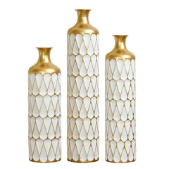 Set of 3 Gold and White Geometric Metal Vases, 31.5/27.17/22.83 Inch Tall Floor Vases for Home Decor, Decorative Centerpiece for Modern Farmhouse & Glam Living Room Entryway