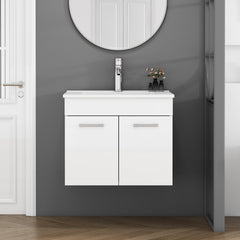 24-Inch Bathroom Vanity With Sink Combo,Wall-Mounted Bathroom Vanity with Double Doors, Wall Mount Bathroom Cabinet,,Soft Close Hinges,Long metal handles,Ceramic basin,Glossy White