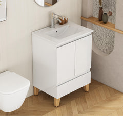 24-Inch Modern Bathroom Vanity With Sink Combo, Cabinet with 2 Doors and 1 Drawer, Soft-Clost System,Handle-Free Design,Natural Solid Wood Feet,Ceramic Basin,Easy Assemble,Glossy White