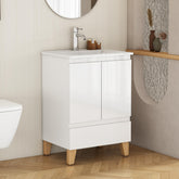24-Inch Modern Bathroom Vanity With Sink Combo, Cabinet with 2 Doors and 1 Drawer, Soft-Clost System,Handle-Free Design,Natural Solid Wood Feet,Ceramic Basin,Easy Assemble,Glossy White