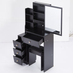 29.2 inch Small Space Left Bedside Cabinet Vanity Table + Cushioned Stool, Extra Large Right sliding mirror, Multi Layer High Capacity Storage, Practical Fashionable Dresser, Suitable For Small Space