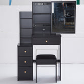 29.2 inch Small Space Left Bedside Cabinet Vanity Table + Cushioned Stool, Extra Large Right sliding mirror, Multi Layer High Capacity Storage, Practical Fashionable Dresser, Suitable For Small Space