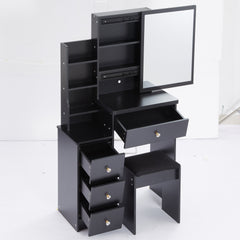 29.2 inch Small Space Left Bedside Cabinet Vanity Table + Cushioned Stool, Extra Large Right sliding mirror, Multi Layer High Capacity Storage, Practical Fashionable Dresser, Suitable For Small Space