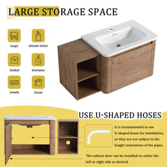 40'' Wall-Mounted Bathroom Vanity with White Ceramic Sink and Storage Shelves & 1-Soft-Close Door, KD-Packing, Plywood