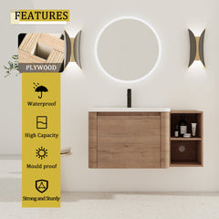 40'' Wall-Mounted Bathroom Vanity with White Ceramic Sink and Storage Shelves & 1-Soft-Close Door, KD-Packing, Plywood