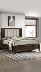 1pc Queen Size Bed Rich Wood Finish Sleek Linear Details Rustic Charm Plush Upholstered Headboard Framed Deep Tones Brown