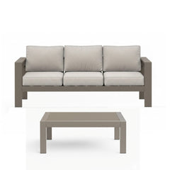 2 Pieces Outdoor Patio Set, All-Weather 75” 3-Seat Metal Patio Sofa Couch with Thick Beige Cushions, Khaki Frame and 43” Coffee Table