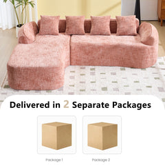 Pink chenille L-shaped compressed sofa that goes well with any living room. It features high-elastic sponge for a comfortable sitting feel, curved armrests and four throw pillows.
