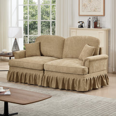Elegant Mid Century Oversized Large Two Seater Sofa Couch with Flared Arms and Removable Ruffles Pleats Skirts and Spindle Legs, Comfy Chenille Two-Seat Love Seat Sofa for Living Room,Light Coffee