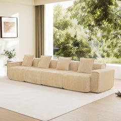 Streamlined Design Deep Seat Modular 4 Seat Boneless Sofa with French Edge Piping,No Assembly Required, Modern Modular 4 - Seat Sofa Couch with Throw Pillows,Velvet Fabric Light Camel
