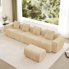 Streamlined Design Modular 4 Seat L Shape Sectional Boneless Sofa with French Edge Piping, No Assembly Required, 4-Seat Sofa Couch with Throw Pillows and 1 Movable Ottoman, Velvet Fabric Light Camel
