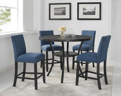 Biony Espresso Wood Counter Height Dining Set with Blue Fabric Nailhead Stools
