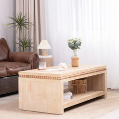 Modern Wood Coffee Table with Beaded Trim – 47" Rectangular Coffee Table with Open Storage Shelf, Light Natural Finish – Farmhouse & Coastal Living Room Furniture