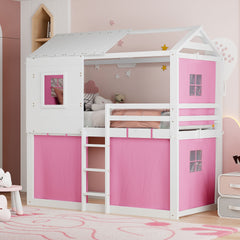 Twin Size Bunk Wood House Bed with Tent, Pink+White