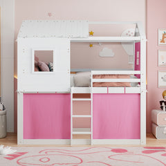 Twin Size Bunk Wood House Bed with Tent, Pink+White