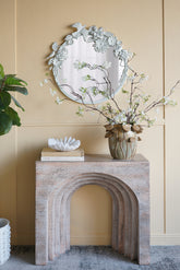 32.3x14.2x29.9" Modern Arched Sculptural Console Table with Beige Faux Travertine Finish