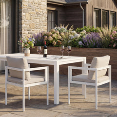 Outdoor Dining Chair Set of 2, All-Weather White Aluminum Frame Patio Chairs with Beige Fabric Cushions, 300lbs