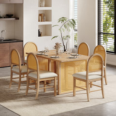 TREXM 7-Piece Farmhouse Dining Table Set for 6 - 59.8" Rectangular Dining Table with Distressed Oak Veneer and 6 Rattan Chairs, Rustic Kitchen Furniture for Dining Room(Natural)