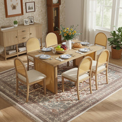 TREXM 7-Piece Farmhouse Dining Table Set for 6 - 59.8" Rectangular Dining Table with Distressed Oak Veneer and 6 Rattan Chairs, Rustic Kitchen Furniture for Dining Room(Natural)