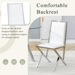 4-pack silver metal framed white PU dining chairs: ergonomic design, a simple and luxurious choice.Featuring uniquely designed silver metal legs.