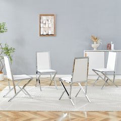 4-pack silver metal framed white PU dining chairs: ergonomic design, a simple and luxurious choice.Featuring uniquely designed silver metal legs.