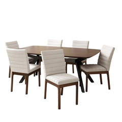 7-Pieces Upholstered Dining Set With Rubberwood Frame, Light beige+Walnut+Black