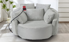 360° Swivel Chair Accent Barrel Chair Corduroy Round Sofa Chair with 5 Throw Pillows and an Adjustable Phone Holder for Living Room, Bedroom, Office and Hotel, Light Grey