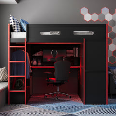 Full Size Wood Loft Bed with Desk,Wardrobe,Ample Storage Space,and RGB Light, Red(OLD SKU:LT000261AAR)