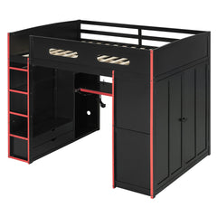 Full Size Wood Loft Bed with Desk,Wardrobe,Ample Storage Space,and RGB Light, Red(OLD SKU:LT000261AAR)