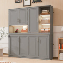 Twin Size Wall Murphy Bed with Top Cabinet, Shelves ,Space Saving Foldable Bed with Light & USB ,Gray