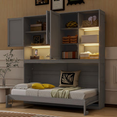 Twin Size Wall Murphy Bed with Top Cabinet, Shelves ,Space Saving Foldable Bed with Light & USB ,Gray