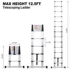12.5FT Telescopic Ladder Aluminum Ladder with Non-Slip Feet, Slow Down Safety Function With Stabilizer Portable Extension Ladder for Household and Outdoor Working, 330lb Capacity Silver