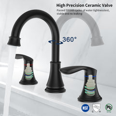 2-Handle 8 inch Widespread Bathroom Sink Faucet Matte Black Lavatory Faucet 3 Hole 360° Swivel Spout Vanity Sink Basin Faucets 3008B-MB