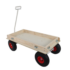 Red Wooden Wagon Cart with Folding Handle, Heavy Duty All-Terrain Kids Wagon for Outdoor, Garden, Camping, Beach & Playtime - Classic Pull-Along Utility Wagon