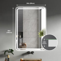 24X40 Inch LED Bathroom Mirror Vanity Mirrors with Front Lights Wall Mounted Anti-Fog Frameless Make Up Mirror with Light 5 mm Copper-Free Silver Mirror Horizontal or Vertical