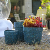 Handmade Ceramic Planter Set of 3, 15/12/9 Inch Diameter, Blue Textured Pattern, for Succulents & Indoor Plants, Windowsill & Bookshelf Use, Breathable Clay