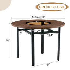 42 inch modern minimalist brown wood grain round dining table suitable for 4-6 people (brown glass inlay+metal stable bracket, suitable for multiple scenarios).